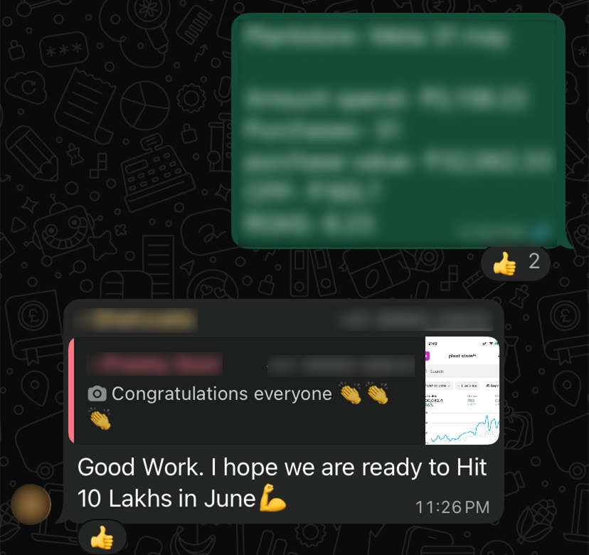 WhatsApp message from D2C nursery brand client leadership: "Good Work. I hope we are ready to Hit 10 Lakhs in June."